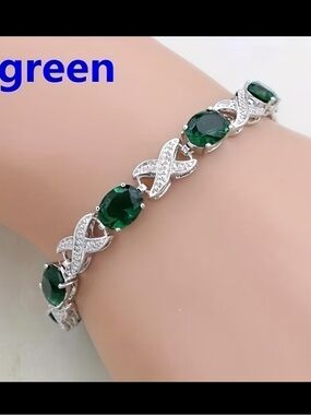 Green Crystal and Silver Cross-Link Bracelet - Women Jewelry